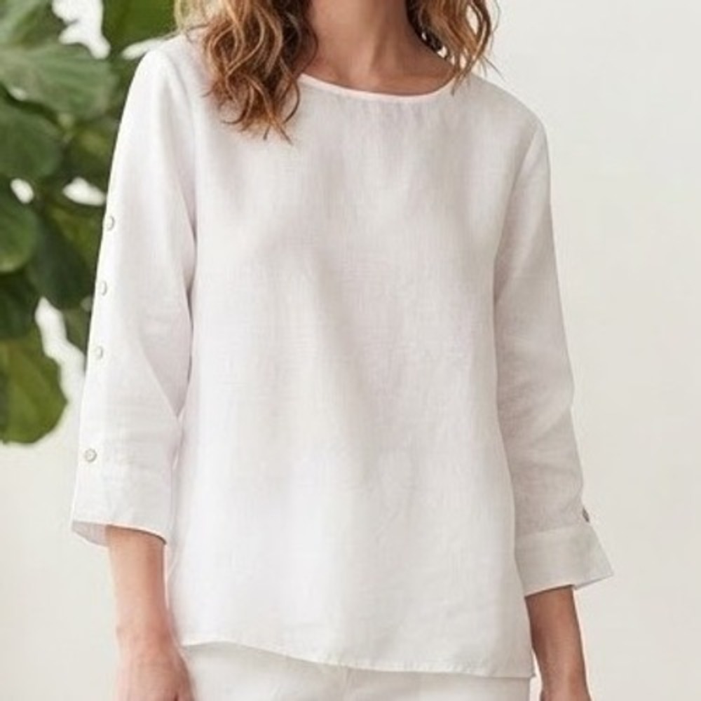 Terzo Millennio White 100% Linen Button Sleeve Blouse Made in Italy 3X